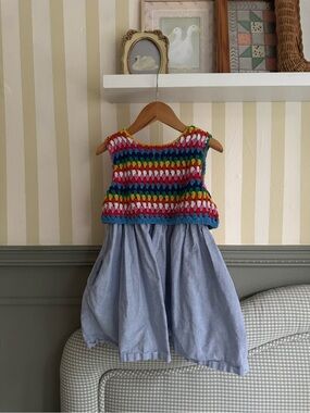 Mini Boden Multicolor Crochet Bodice Dress with Light Blue Skirt